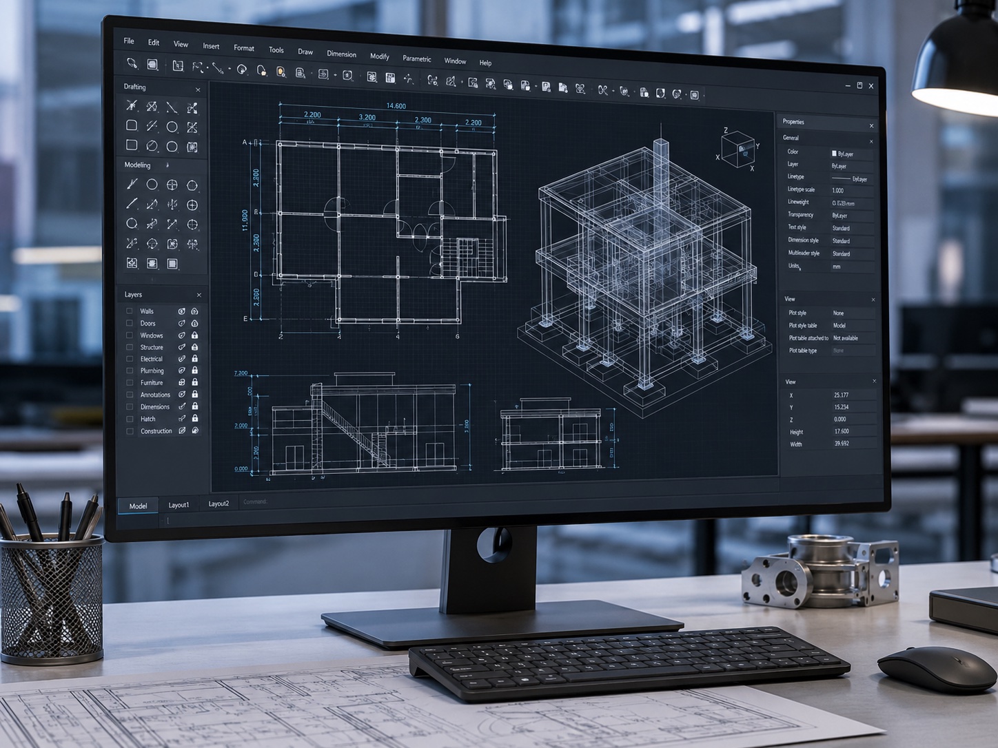 A drafting workstation showing floor plans, elevations and a 3D structural model of a modular building.